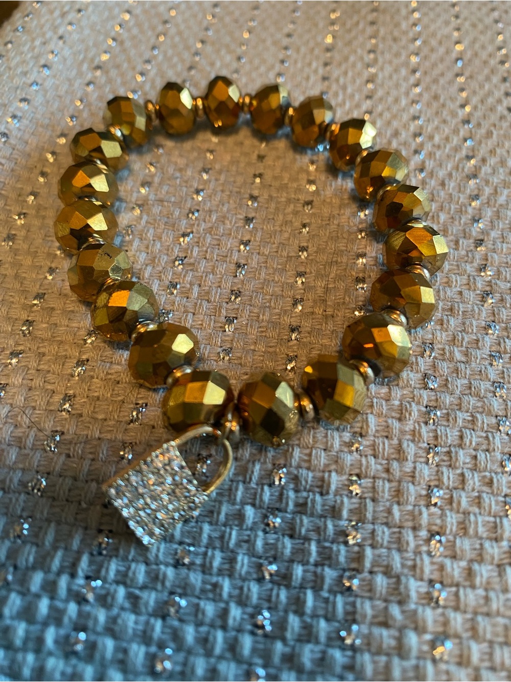Gold Faceted Bead Stretch Bracelet with Pave Padlock Charm